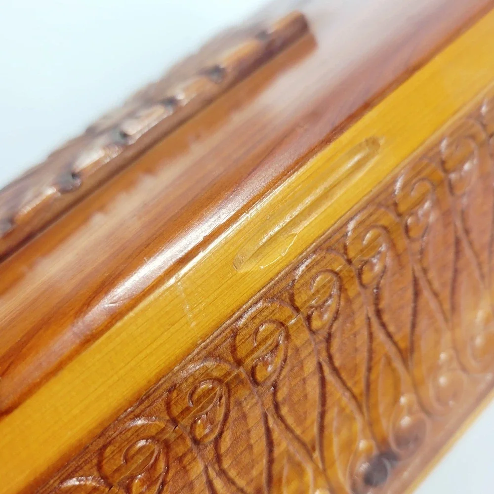 Vintage Carved Cedar Wood Jewelry Trinket Box With Mirror & Feet